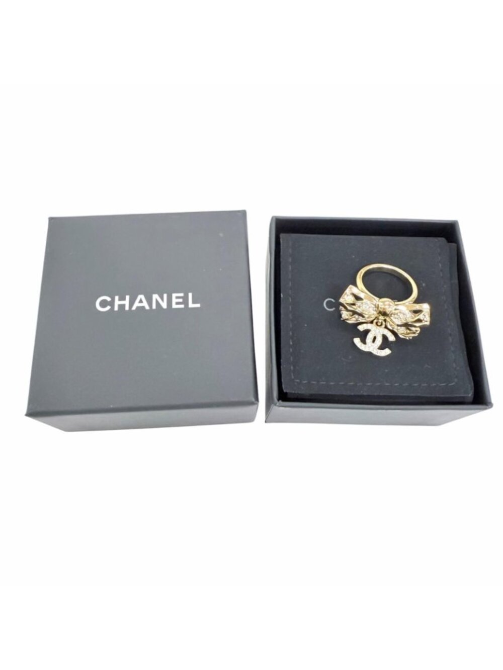 Chanel CC Logo Ribbon Rhinestone Ring Gold JP - Picture 2 of 11